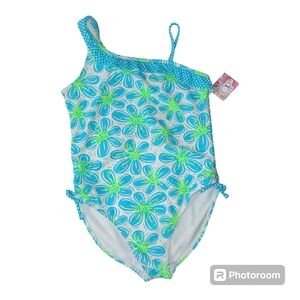 * OP one-piece swimsuit kids size XL 14-16UPF+floral print & ruffle green